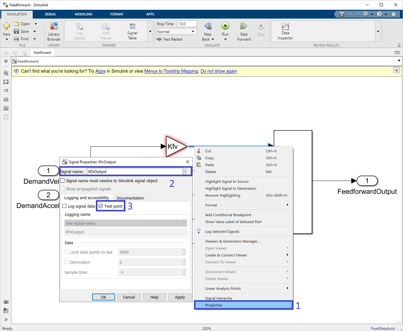 Create a Simulink test point.