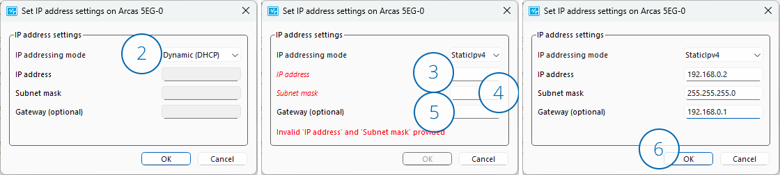 Set IP address settings dialog