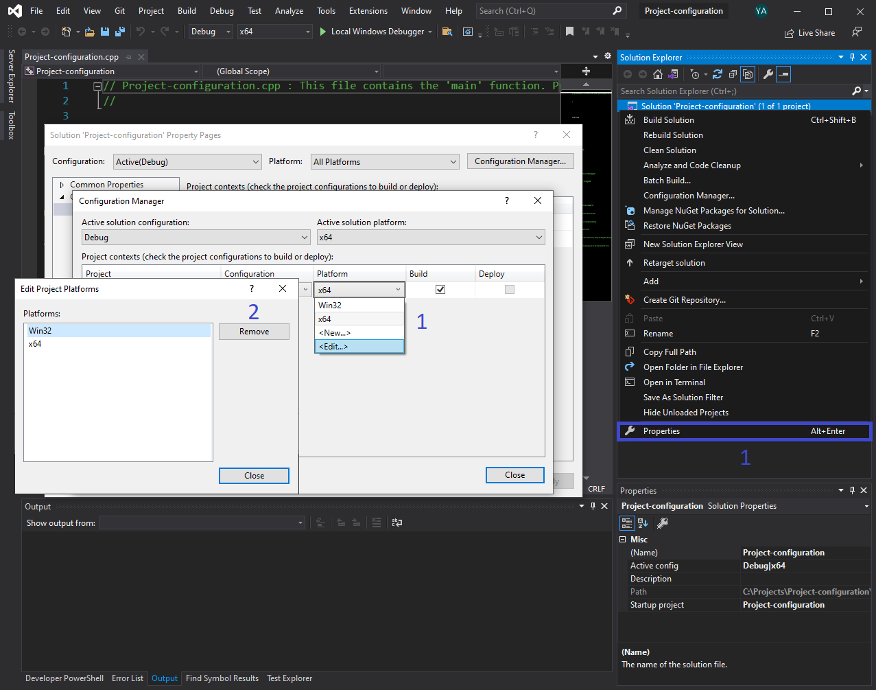 Configure project solution - remove Win32 platform.