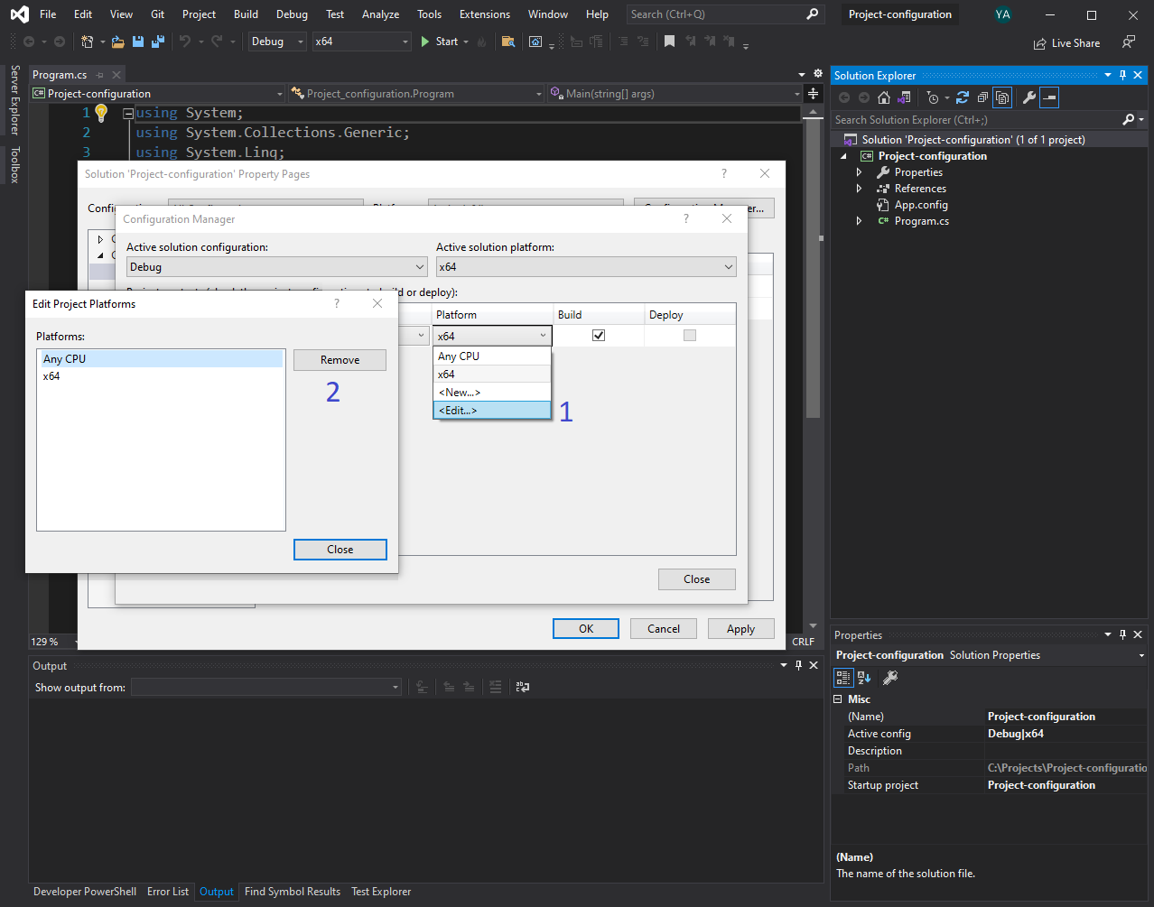 Configure project solution - remove AnyCPU configuration.