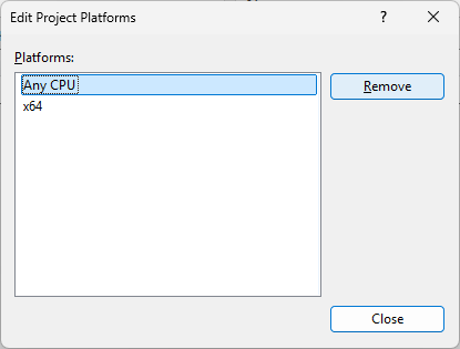 Configure project solution - remove AnyCPU configuration.