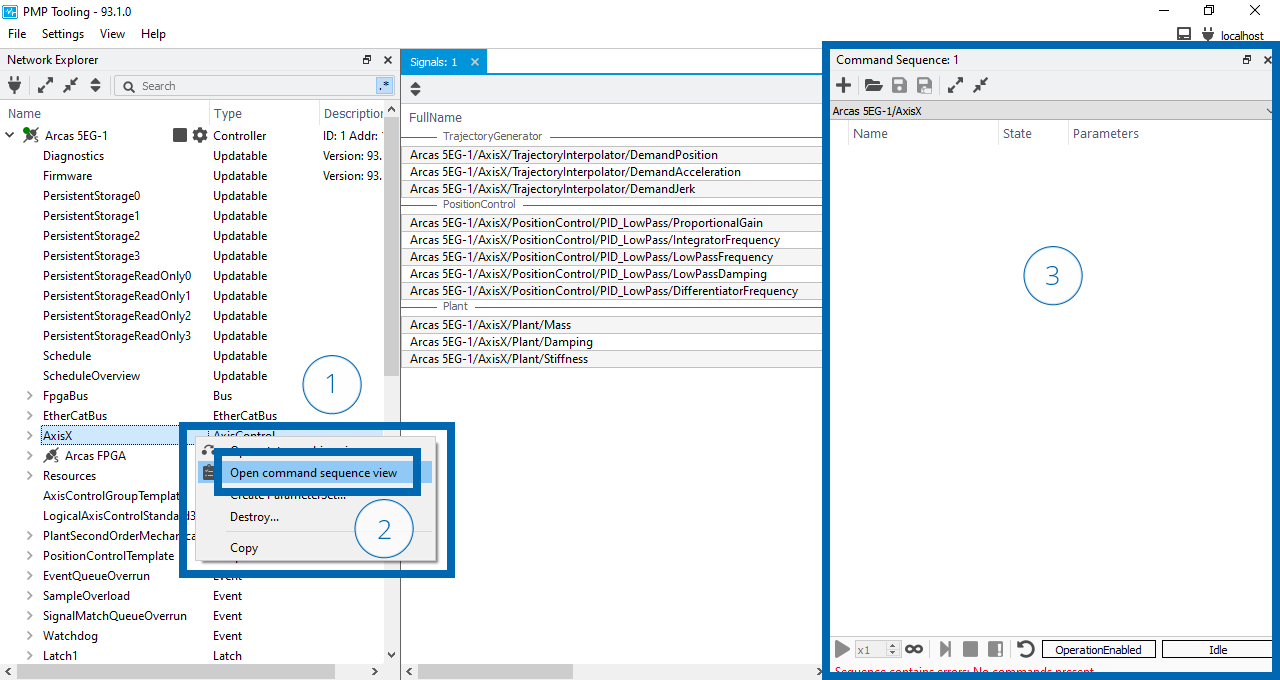 Open a axis control command sequence view