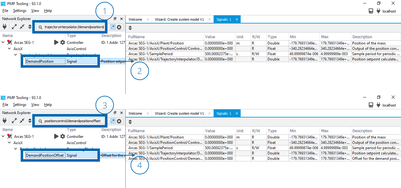 Drag and drop PositionControl and TrajectoryInterpolator signals in the signal view