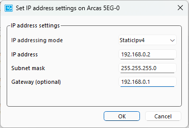 Set IP address settings dialog (Static IPv4)